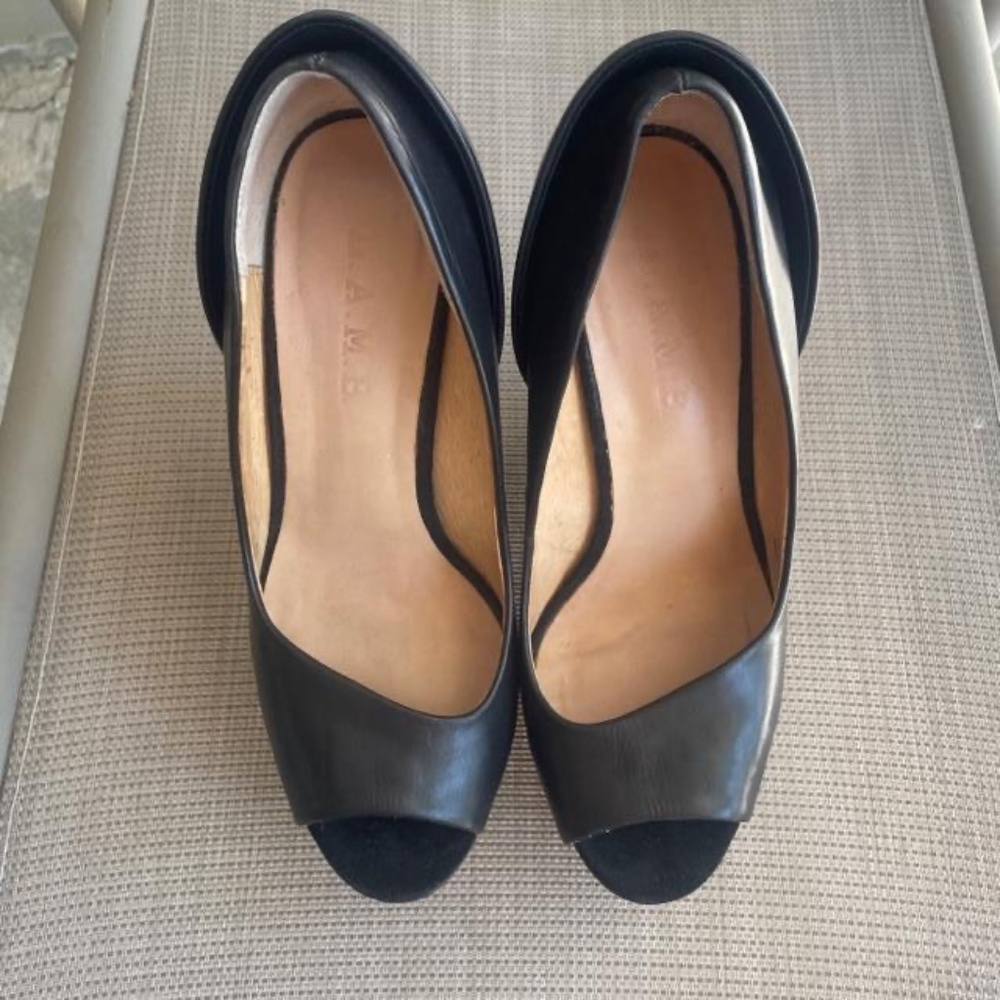L.A.M.B. Black Leather Amour Wedge Cut Out Platform Heels - Picture 5 of 9